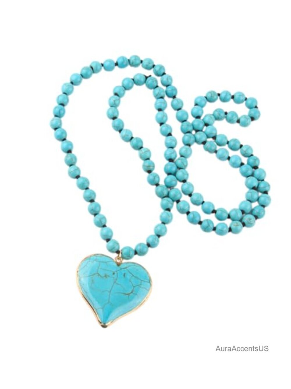 Vintage Turquoise Beaded Heart Pendant Necklace Long Sweater Chain Handmade